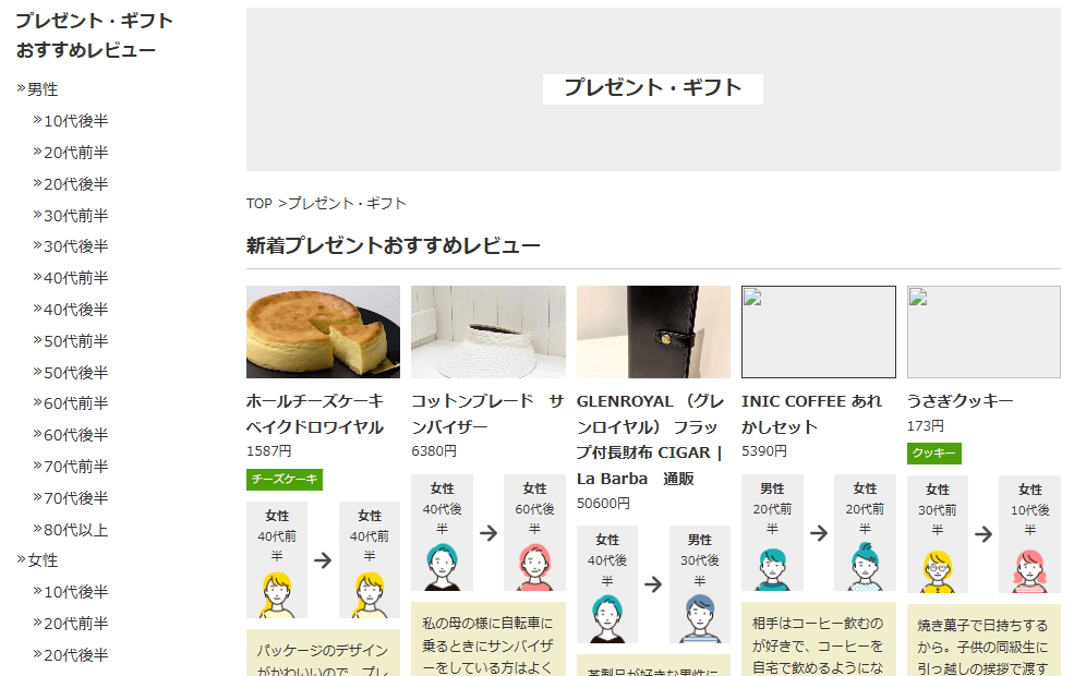 『SHOPS』サイトのプレゼント・ギフトページ